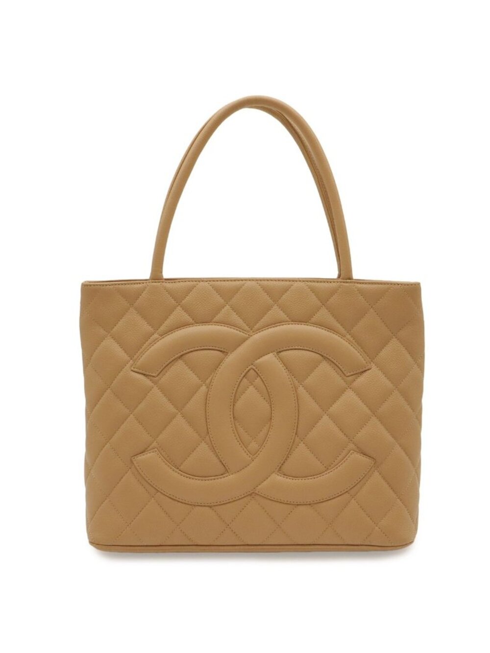 Chanel Quilted CC Logo Reissue Tote Shoulder Bag Caviar Leather Beige Gold